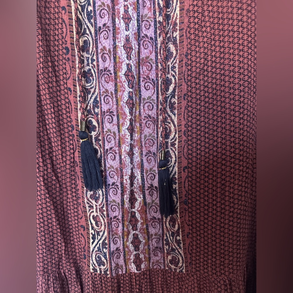 Knox Rose Burgundy Boho Lace-Up Long Sleeve Dress - Picture 2 of 7
